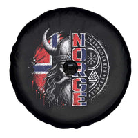 Fierce Norge Viking Warrior with Horned Helmet Graphic Spare Tire Cover Norway Pride Distressed Norwegian Flag and Runes