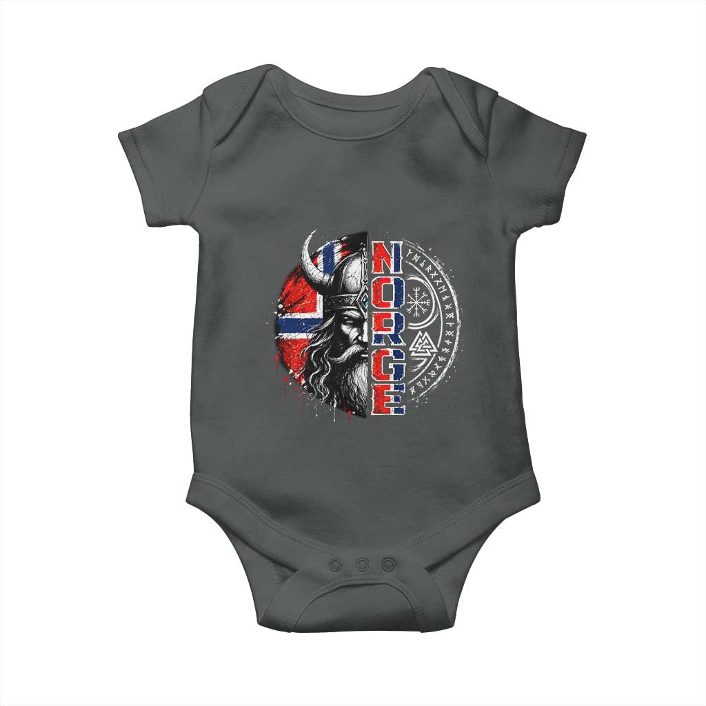 Fierce Norge Viking Warrior with Horned Helmet Graphic Baby Onesie Norway Pride Distressed Norwegian Flag and Runes