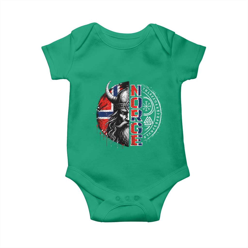 Fierce Norge Viking Warrior with Horned Helmet Graphic Baby Onesie Norway Pride Distressed Norwegian Flag and Runes