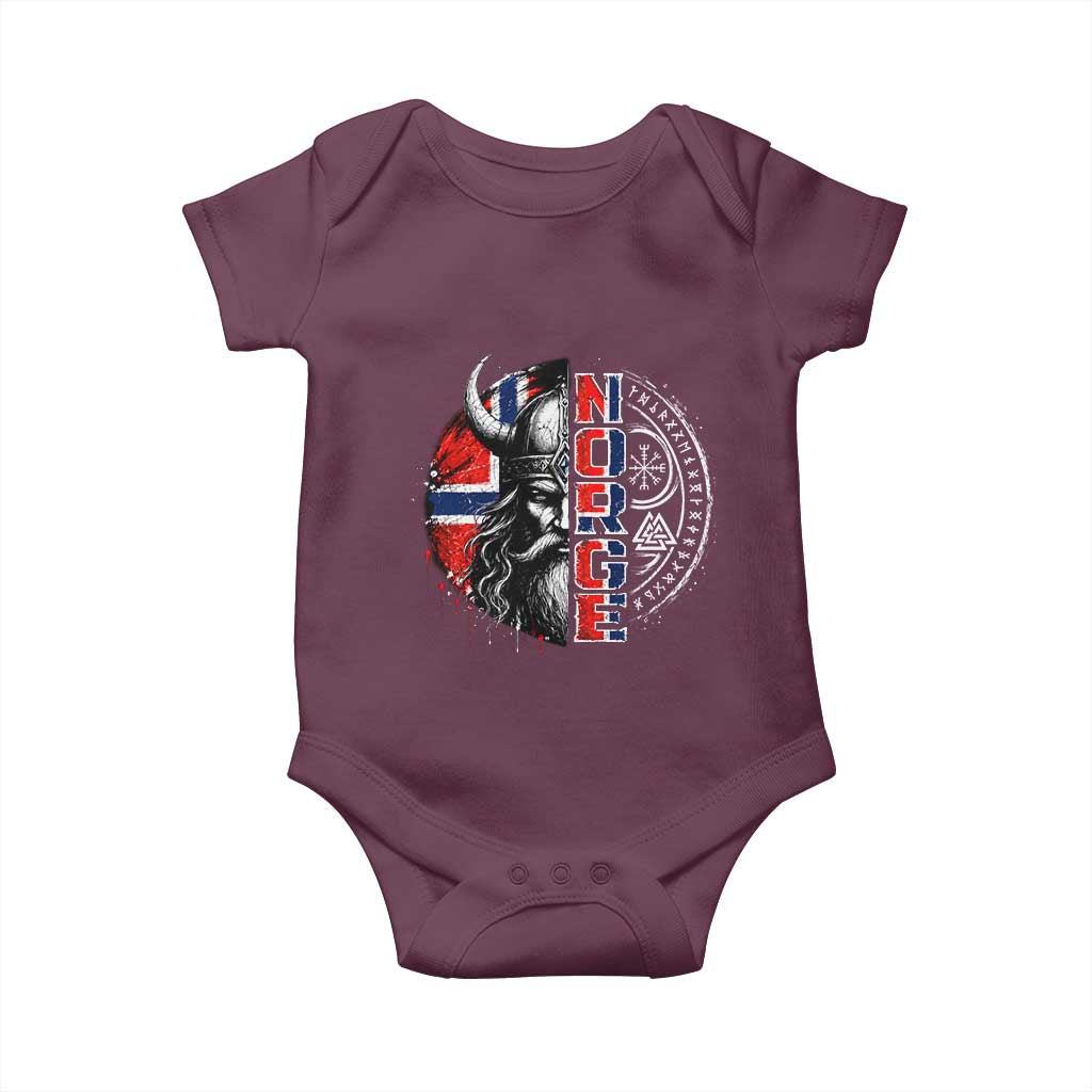 Fierce Norge Viking Warrior with Horned Helmet Graphic Baby Onesie Norway Pride Distressed Norwegian Flag and Runes
