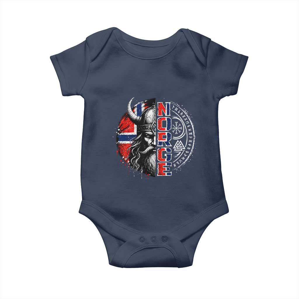 Fierce Norge Viking Warrior with Horned Helmet Graphic Baby Onesie Norway Pride Distressed Norwegian Flag and Runes