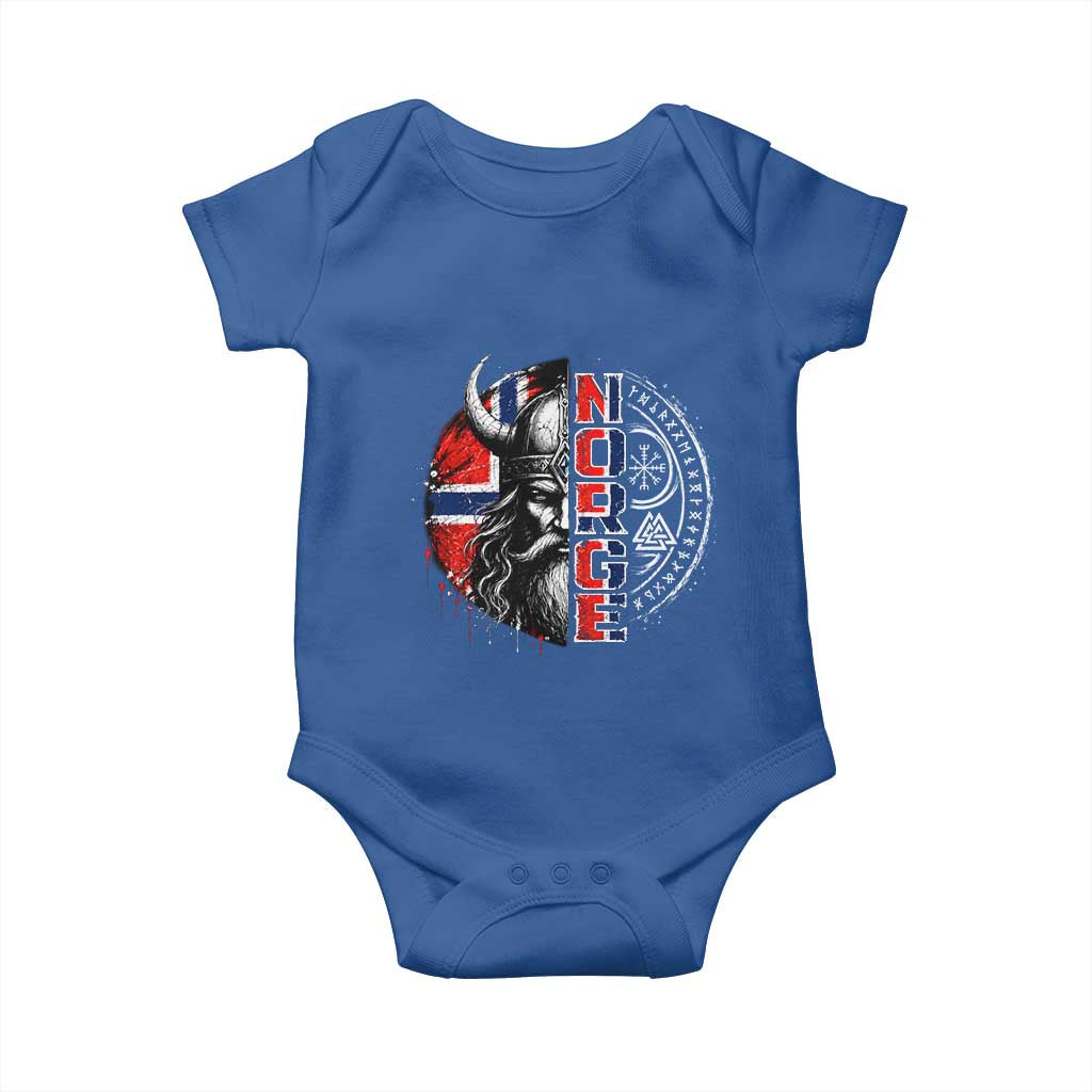 Fierce Norge Viking Warrior with Horned Helmet Graphic Baby Onesie Norway Pride Distressed Norwegian Flag and Runes
