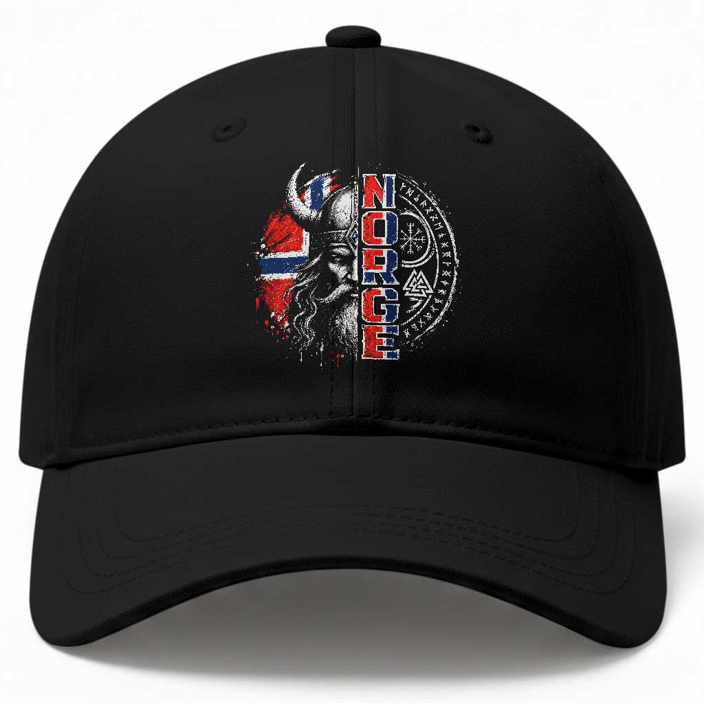 Fierce Norge Viking Warrior with Horned Helmet Graphic Baseball Cap Norway Pride Distressed Norwegian Flag and Runes