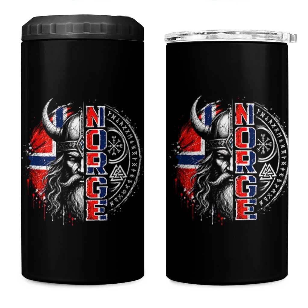 Fierce Norge Viking Warrior with Horned Helmet Graphic 4 in 1 Can Cooler Tumbler Norway Pride Distressed Norwegian Flag and Runes