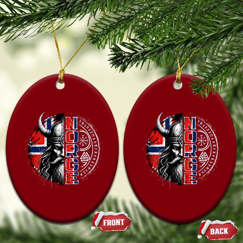 Fierce Norge Viking Warrior with Horned Helmet Graphic Ceramic Ornament Norway Pride Distressed Norwegian Flag and Runes