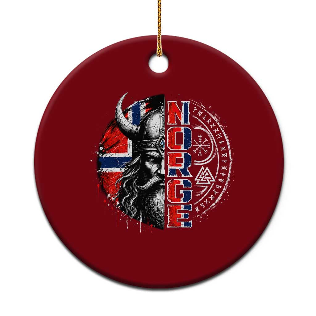 Fierce Norge Viking Warrior with Horned Helmet Graphic Ceramic Ornament Norway Pride Distressed Norwegian Flag and Runes