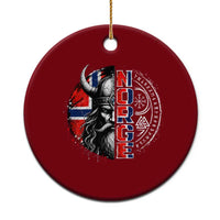 Fierce Norge Viking Warrior with Horned Helmet Graphic Ceramic Ornament Norway Pride Distressed Norwegian Flag and Runes