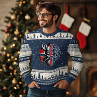 Fierce Norge Viking Warrior with Horned Helmet Graphic Ugly Christmas Sweater Norway Pride Distressed Norwegian Flag and Runes