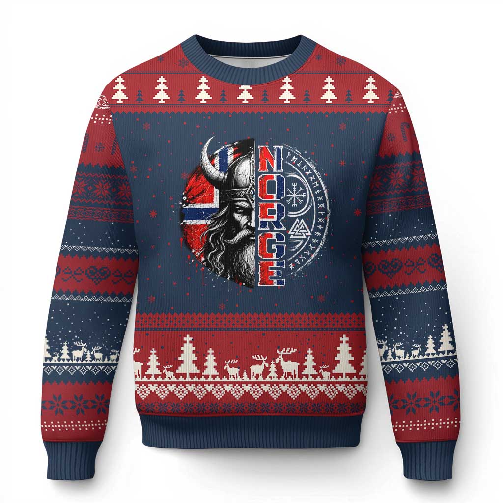 Fierce Norge Viking Warrior with Horned Helmet Graphic Ugly Christmas Sweater Norway Pride Distressed Norwegian Flag and Runes