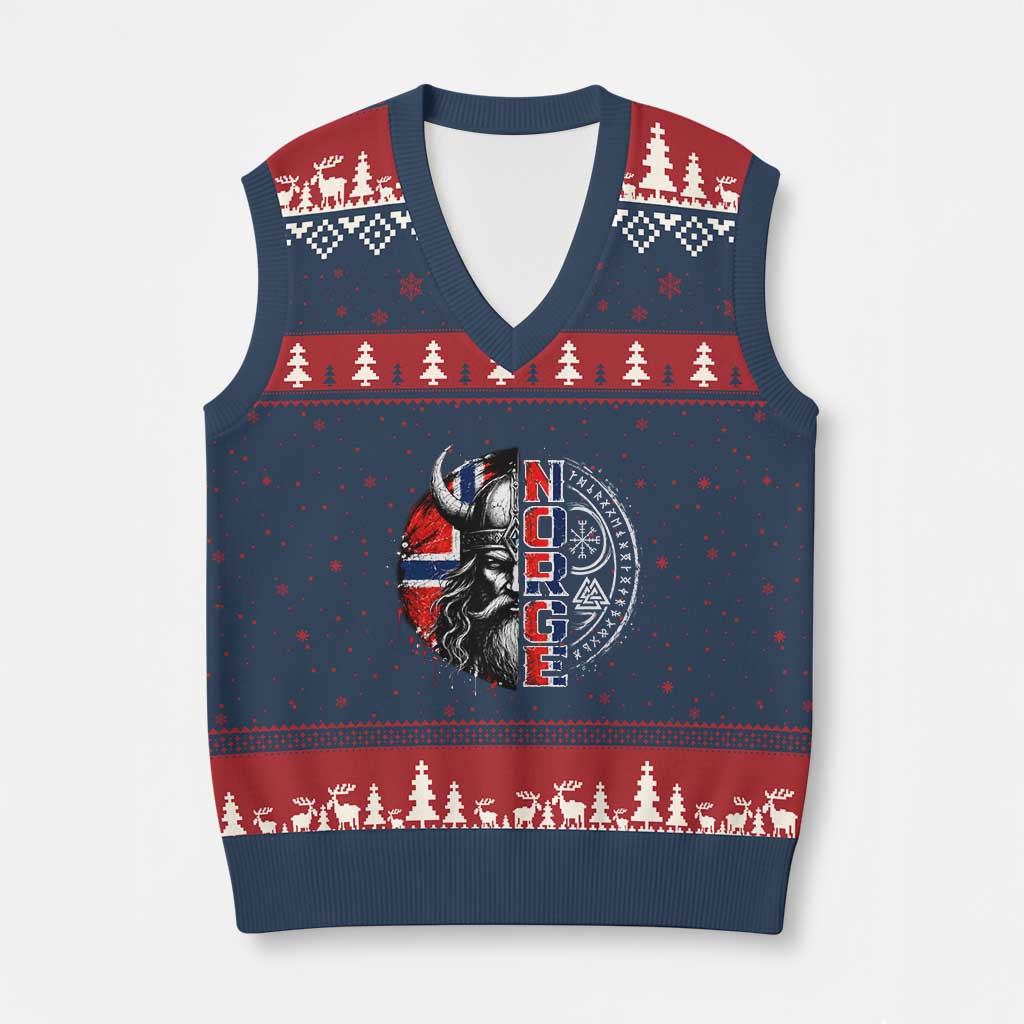 Fierce Norge Viking Warrior with Horned Helmet Graphic V-Neck Knit Sweater Vest Norway Pride Distressed Norwegian Flag and Runes
