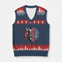 Fierce Norge Viking Warrior with Horned Helmet Graphic V-Neck Knit Sweater Vest Norway Pride Distressed Norwegian Flag and Runes