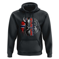 Fierce Norge Viking Warrior with Horned Helmet Graphic Hoodie Norway Pride Distressed Norwegian Flag and Runes