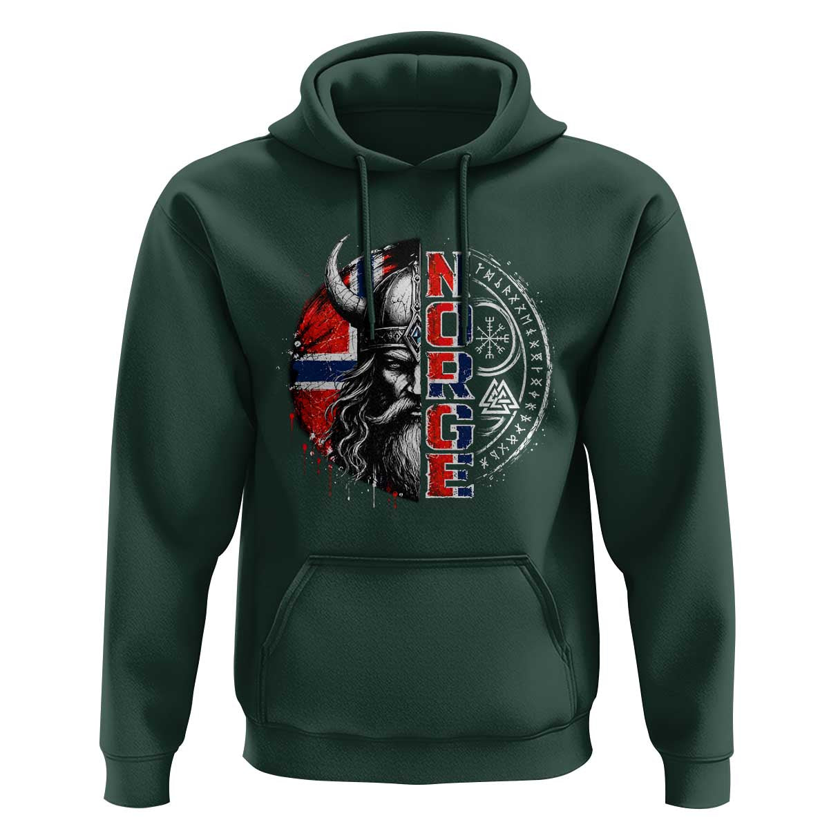Fierce Norge Viking Warrior with Horned Helmet Graphic Hoodie Norway Pride Distressed Norwegian Flag and Runes