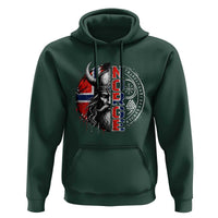 Fierce Norge Viking Warrior with Horned Helmet Graphic Hoodie Norway Pride Distressed Norwegian Flag and Runes