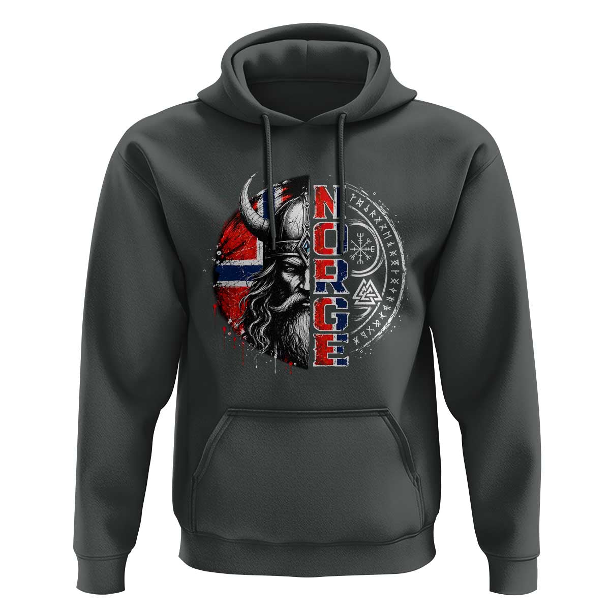 Fierce Norge Viking Warrior with Horned Helmet Graphic Hoodie Norway Pride Distressed Norwegian Flag and Runes