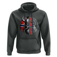 Fierce Norge Viking Warrior with Horned Helmet Graphic Hoodie Norway Pride Distressed Norwegian Flag and Runes