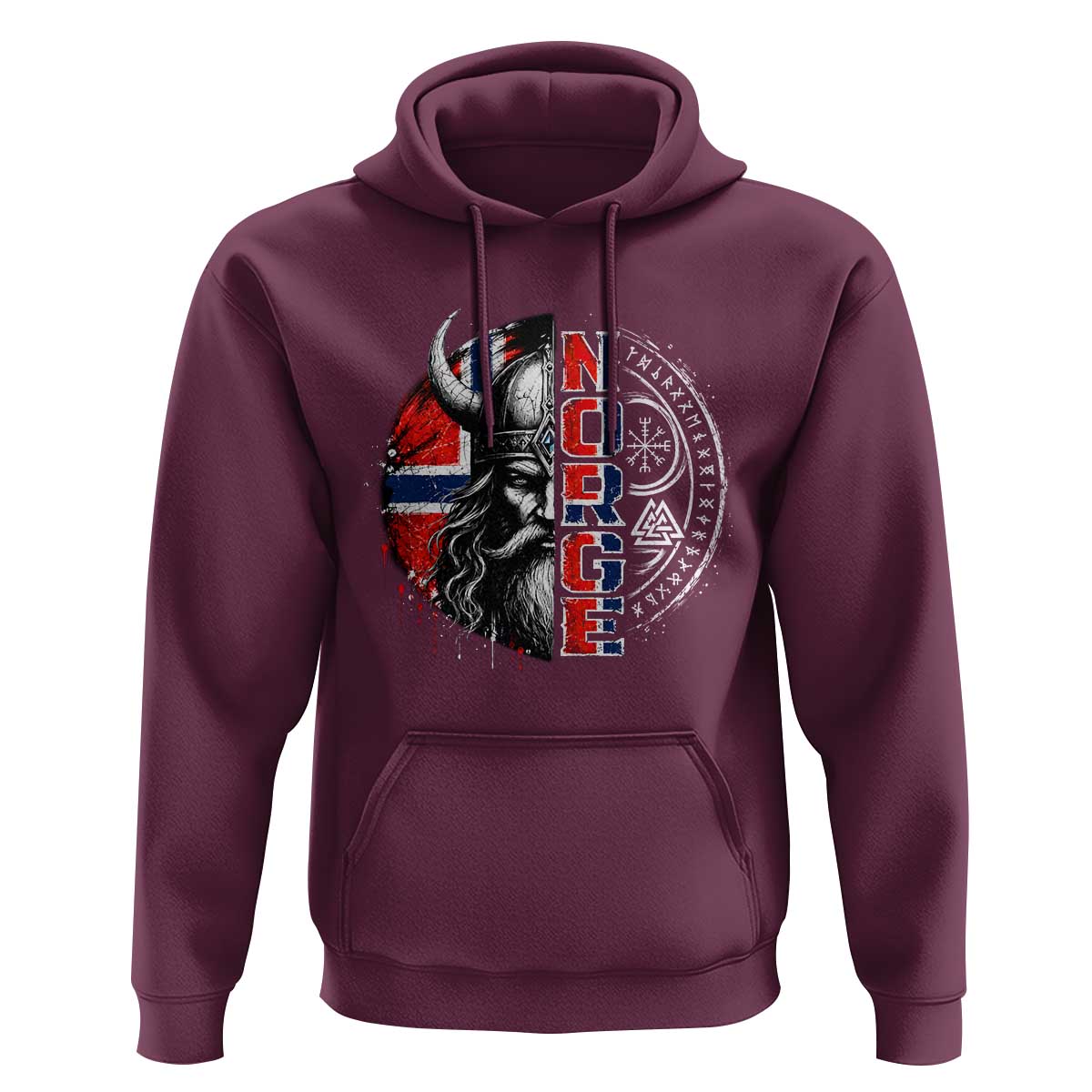 Fierce Norge Viking Warrior with Horned Helmet Graphic Hoodie Norway Pride Distressed Norwegian Flag and Runes