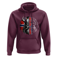 Fierce Norge Viking Warrior with Horned Helmet Graphic Hoodie Norway Pride Distressed Norwegian Flag and Runes