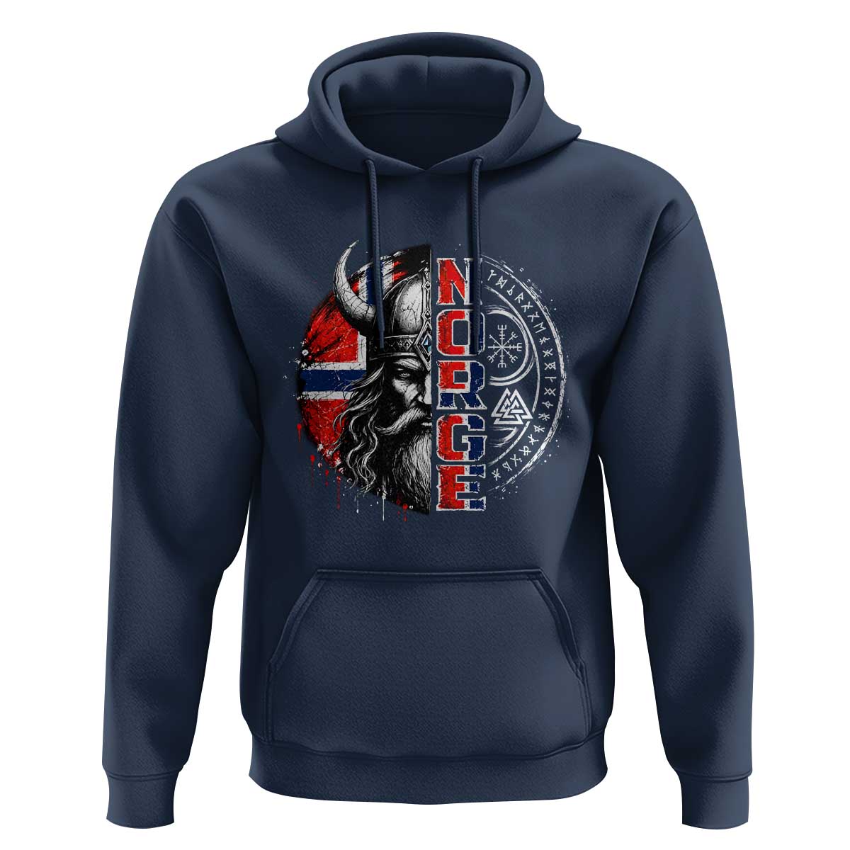 Fierce Norge Viking Warrior with Horned Helmet Graphic Hoodie Norway Pride Distressed Norwegian Flag and Runes