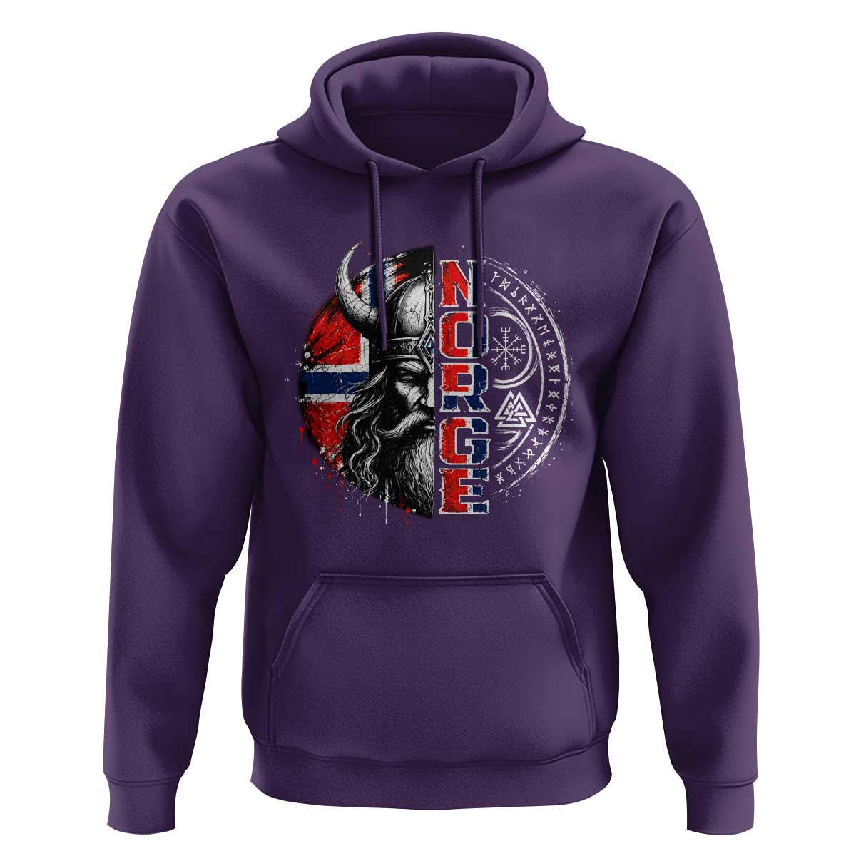 Fierce Norge Viking Warrior with Horned Helmet Graphic Hoodie Norway Pride Distressed Norwegian Flag and Runes