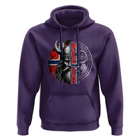 Fierce Norge Viking Warrior with Horned Helmet Graphic Hoodie Norway Pride Distressed Norwegian Flag and Runes
