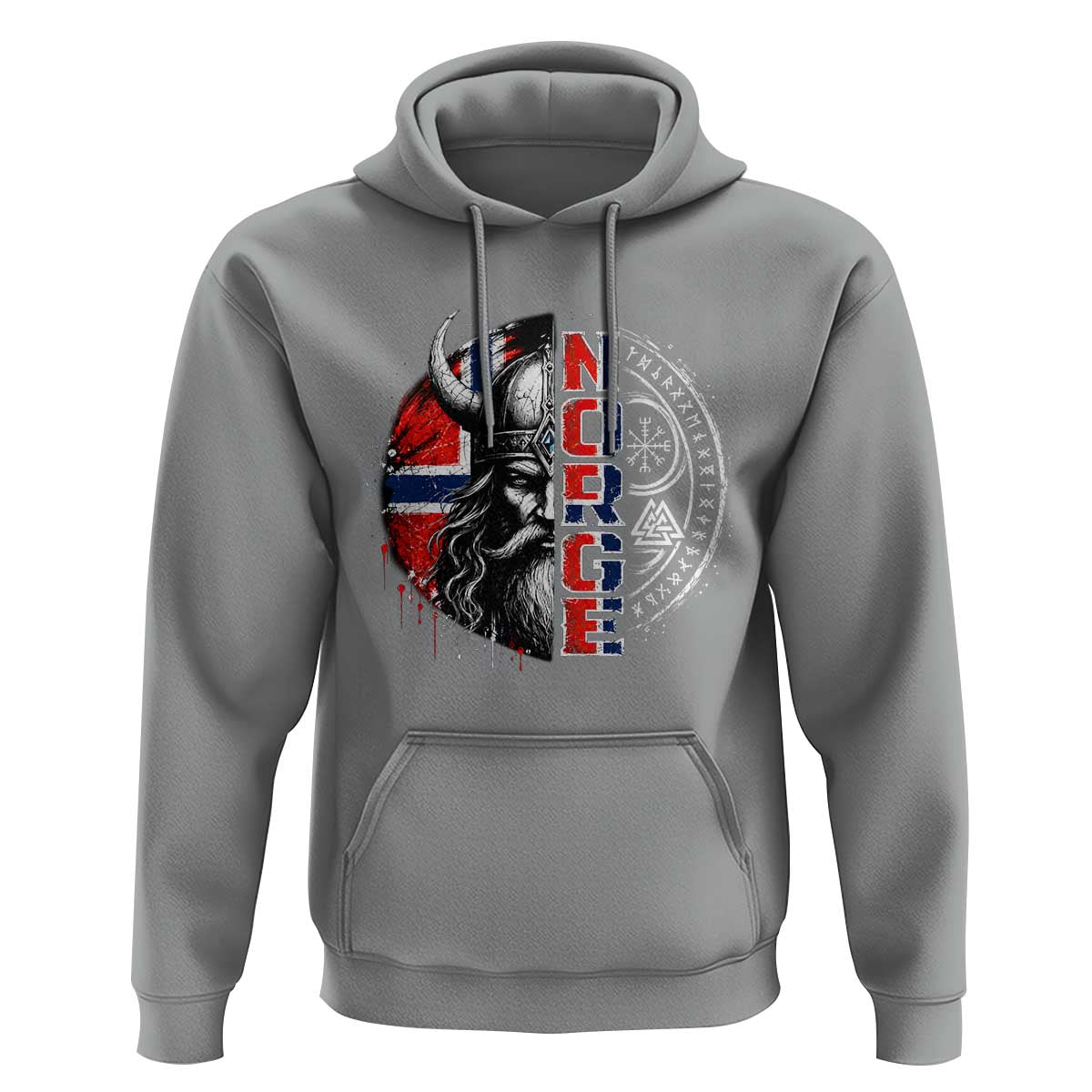 Fierce Norge Viking Warrior with Horned Helmet Graphic Hoodie Norway Pride Distressed Norwegian Flag and Runes