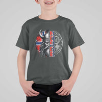 Fierce Norge Viking Warrior with Horned Helmet Graphic T Shirt For Kid Norway Pride Distressed Norwegian Flag and Runes