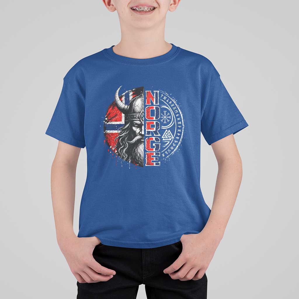Fierce Norge Viking Warrior with Horned Helmet Graphic T Shirt For Kid Norway Pride Distressed Norwegian Flag and Runes
