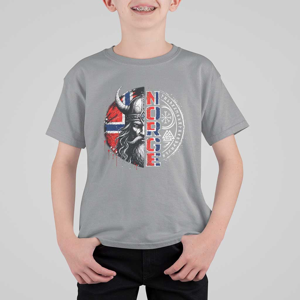 Fierce Norge Viking Warrior with Horned Helmet Graphic T Shirt For Kid Norway Pride Distressed Norwegian Flag and Runes