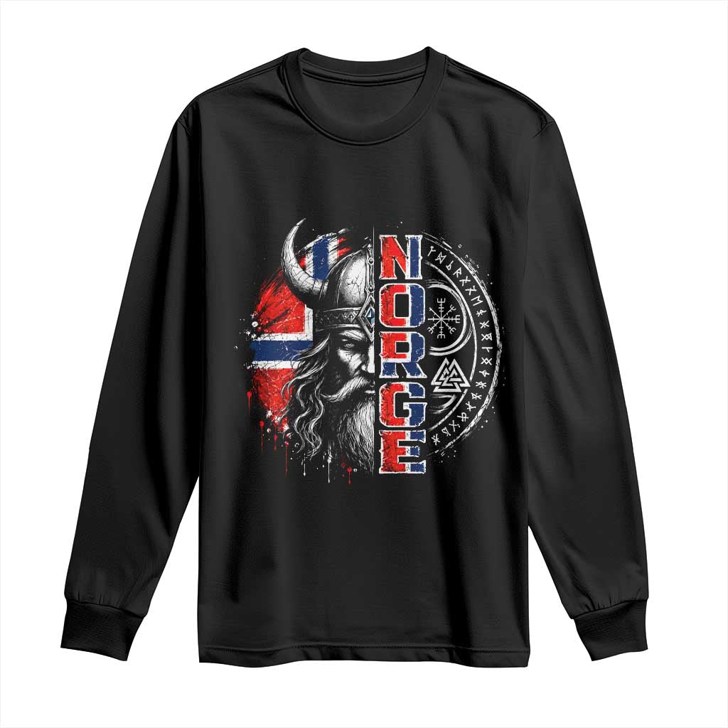 Fierce Norge Viking Warrior with Horned Helmet Graphic Long Sleeve Shirt Norway Pride Distressed Norwegian Flag and Runes