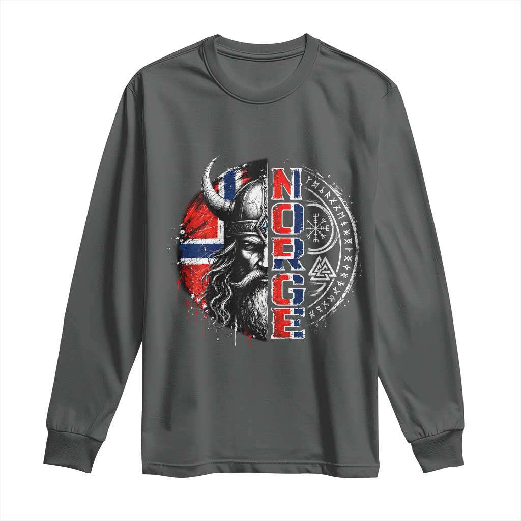 Fierce Norge Viking Warrior with Horned Helmet Graphic Long Sleeve Shirt Norway Pride Distressed Norwegian Flag and Runes