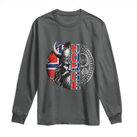 Fierce Norge Viking Warrior with Horned Helmet Graphic Long Sleeve Shirt Norway Pride Distressed Norwegian Flag and Runes