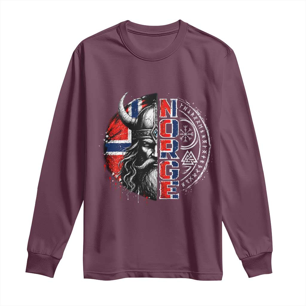 Fierce Norge Viking Warrior with Horned Helmet Graphic Long Sleeve Shirt Norway Pride Distressed Norwegian Flag and Runes
