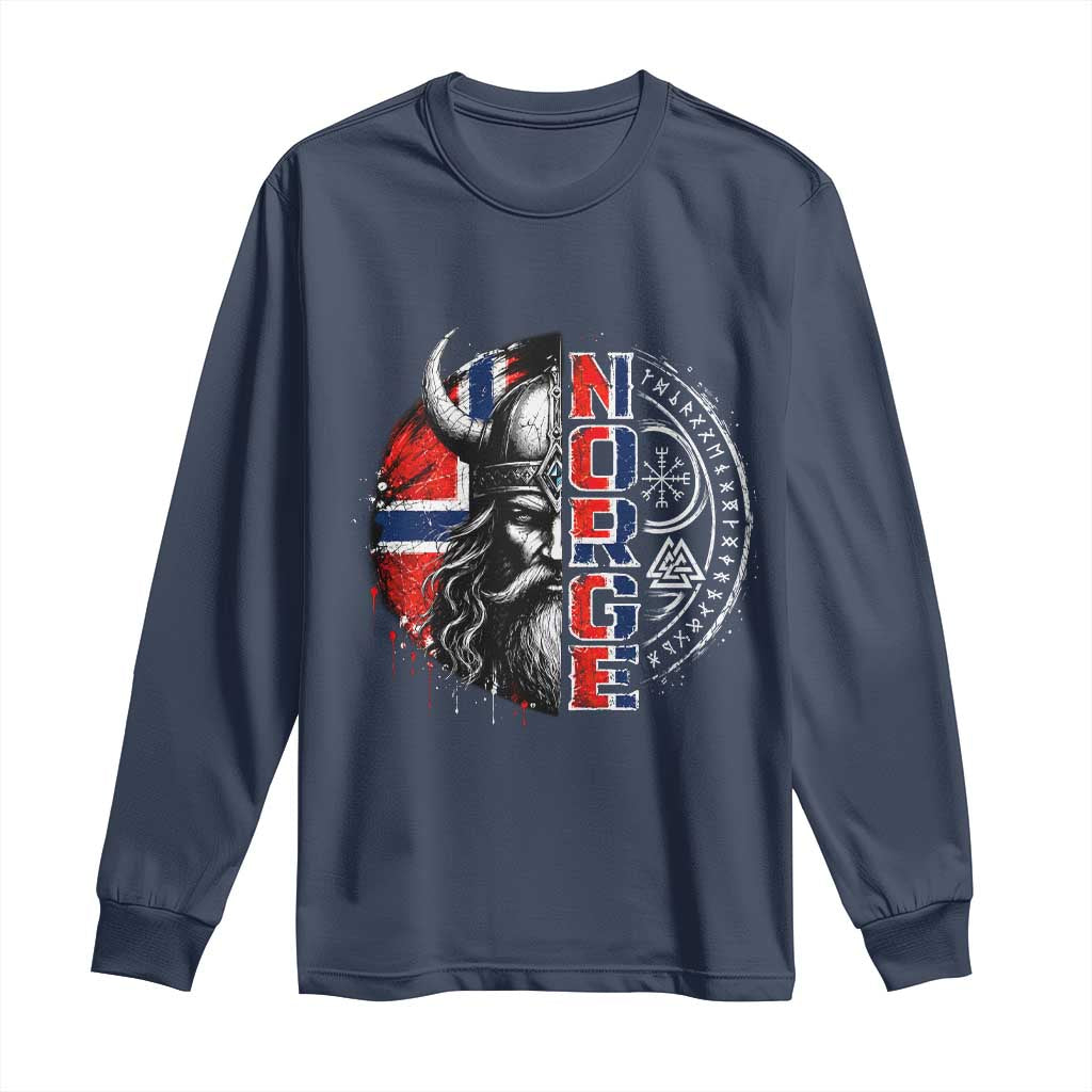 Fierce Norge Viking Warrior with Horned Helmet Graphic Long Sleeve Shirt Norway Pride Distressed Norwegian Flag and Runes