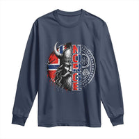 Fierce Norge Viking Warrior with Horned Helmet Graphic Long Sleeve Shirt Norway Pride Distressed Norwegian Flag and Runes