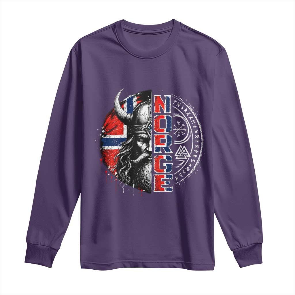 Fierce Norge Viking Warrior with Horned Helmet Graphic Long Sleeve Shirt Norway Pride Distressed Norwegian Flag and Runes