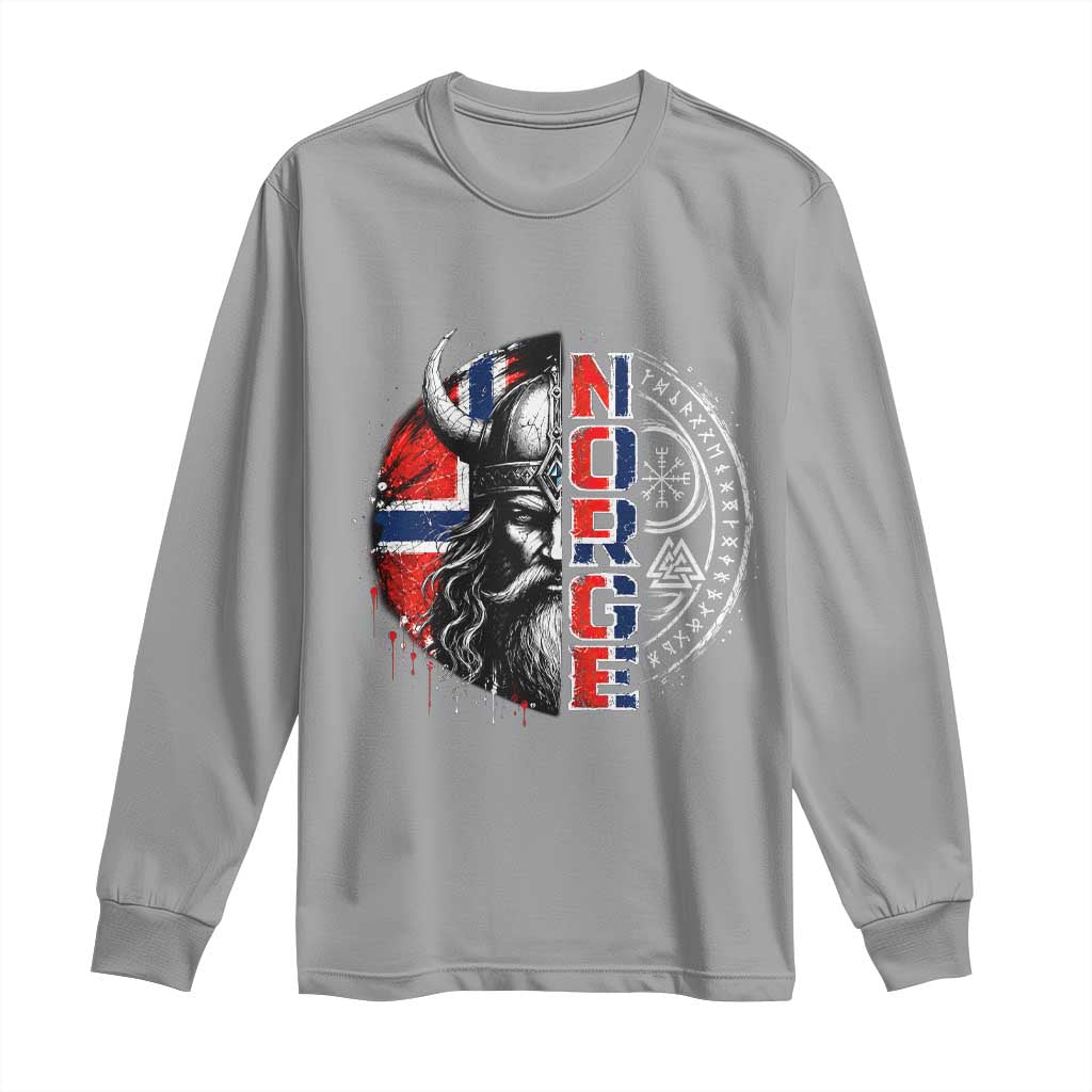 Fierce Norge Viking Warrior with Horned Helmet Graphic Long Sleeve Shirt Norway Pride Distressed Norwegian Flag and Runes