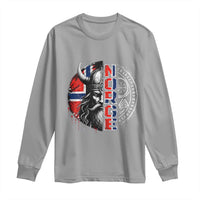 Fierce Norge Viking Warrior with Horned Helmet Graphic Long Sleeve Shirt Norway Pride Distressed Norwegian Flag and Runes
