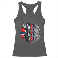 Fierce Norge Viking Warrior with Horned Helmet Graphic Racerback Tank Top Norway Pride Distressed Norwegian Flag and Runes