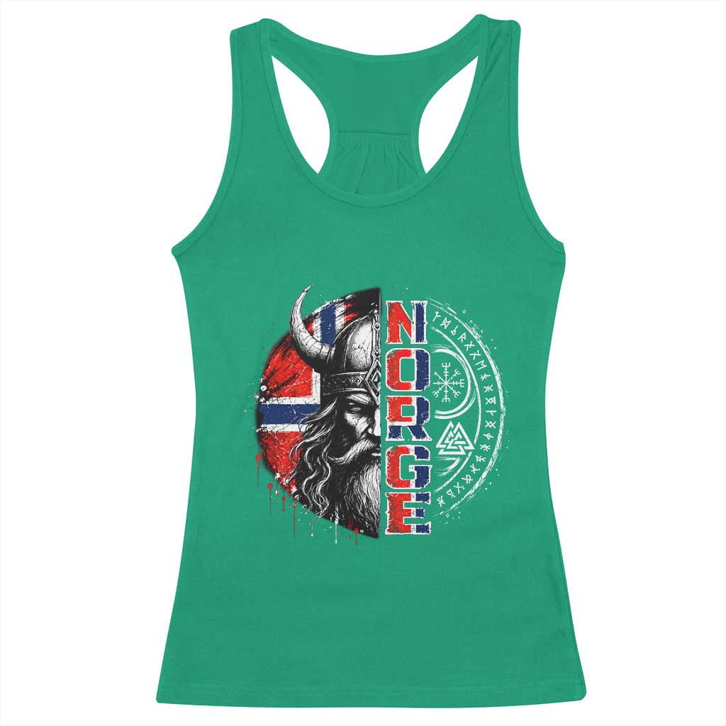 Fierce Norge Viking Warrior with Horned Helmet Graphic Racerback Tank Top Norway Pride Distressed Norwegian Flag and Runes