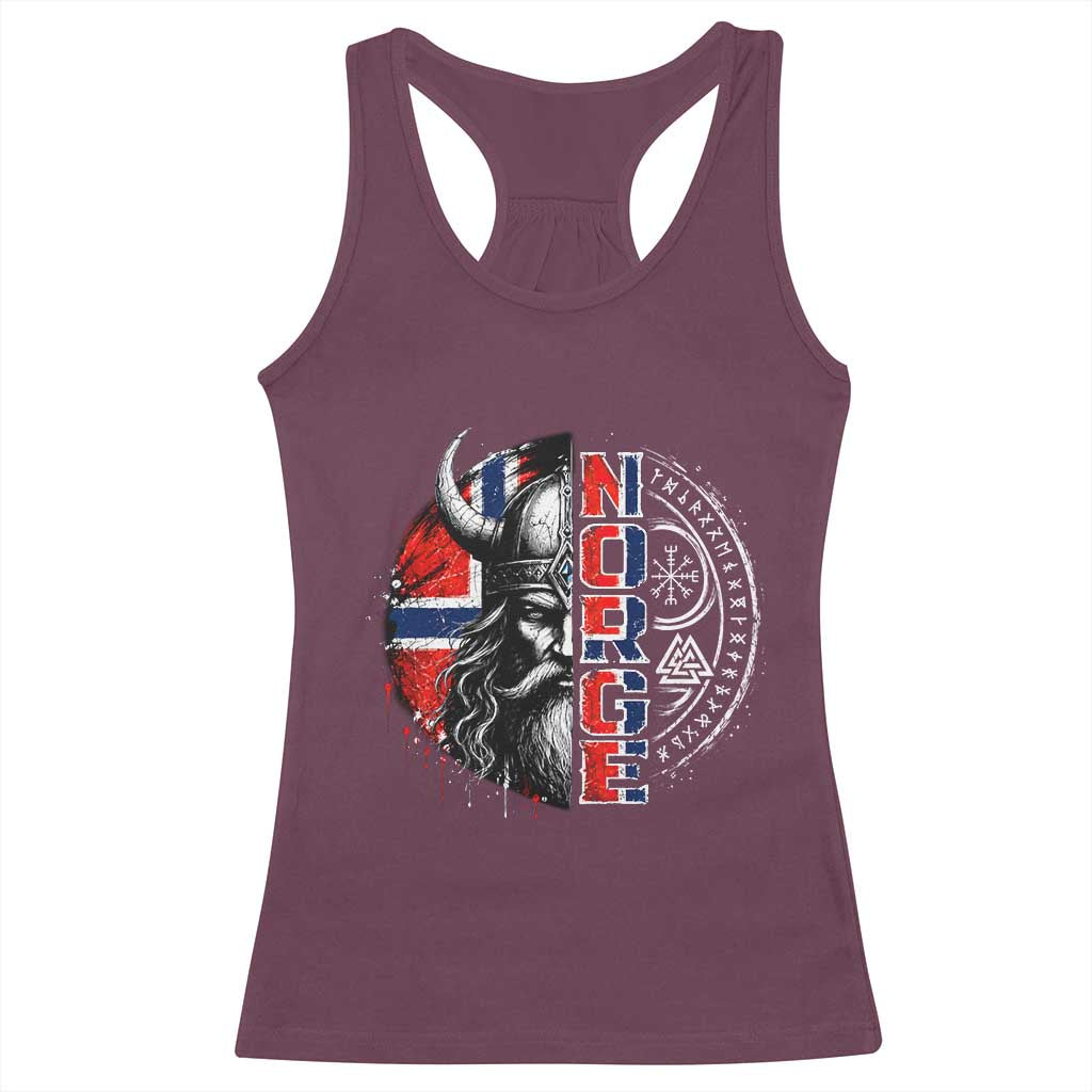 Fierce Norge Viking Warrior with Horned Helmet Graphic Racerback Tank Top Norway Pride Distressed Norwegian Flag and Runes