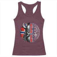 Fierce Norge Viking Warrior with Horned Helmet Graphic Racerback Tank Top Norway Pride Distressed Norwegian Flag and Runes