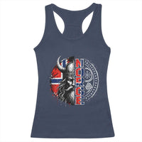 Fierce Norge Viking Warrior with Horned Helmet Graphic Racerback Tank Top Norway Pride Distressed Norwegian Flag and Runes