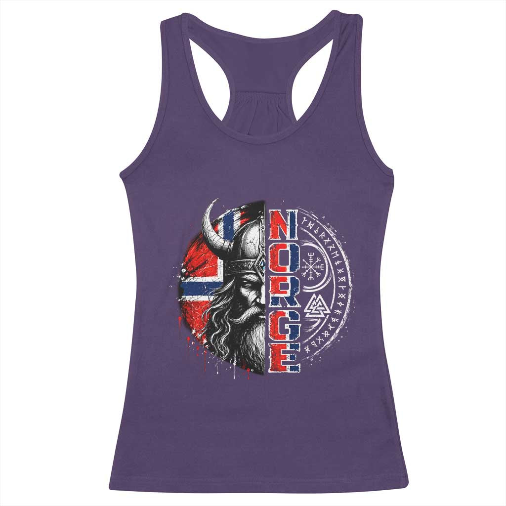 Fierce Norge Viking Warrior with Horned Helmet Graphic Racerback Tank Top Norway Pride Distressed Norwegian Flag and Runes