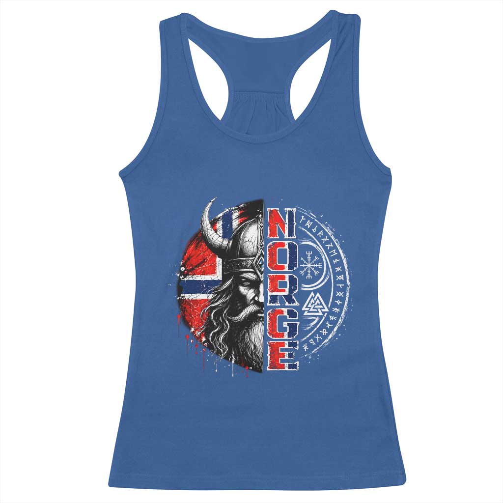 Fierce Norge Viking Warrior with Horned Helmet Graphic Racerback Tank Top Norway Pride Distressed Norwegian Flag and Runes