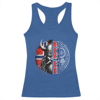 Fierce Norge Viking Warrior with Horned Helmet Graphic Racerback Tank Top Norway Pride Distressed Norwegian Flag and Runes