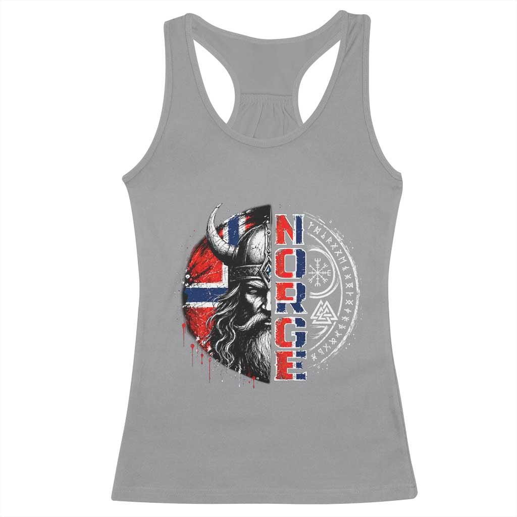 Fierce Norge Viking Warrior with Horned Helmet Graphic Racerback Tank Top Norway Pride Distressed Norwegian Flag and Runes