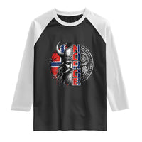 Fierce Norge Viking Warrior with Horned Helmet Graphic Raglan Shirt Norway Pride Distressed Norwegian Flag and Runes