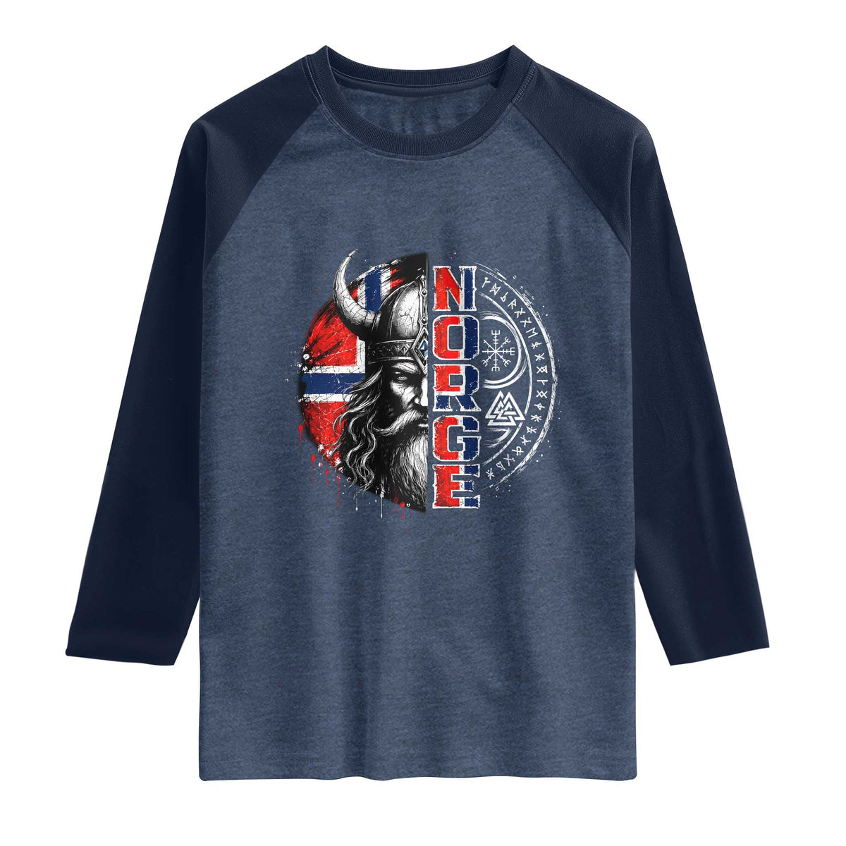Fierce Norge Viking Warrior with Horned Helmet Graphic Raglan Shirt Norway Pride Distressed Norwegian Flag and Runes