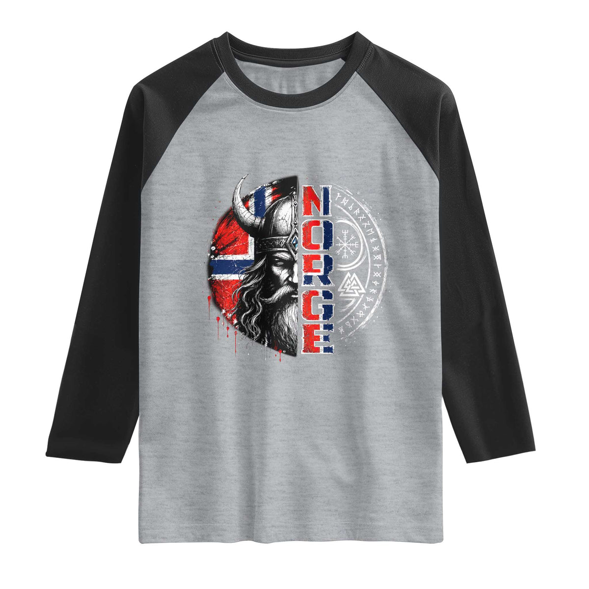 Fierce Norge Viking Warrior with Horned Helmet Graphic Raglan Shirt Norway Pride Distressed Norwegian Flag and Runes